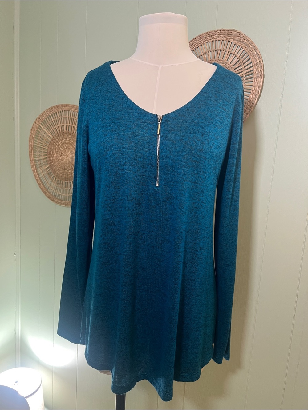 Women's Teal Long-Sleeve Zip-Neck Tee